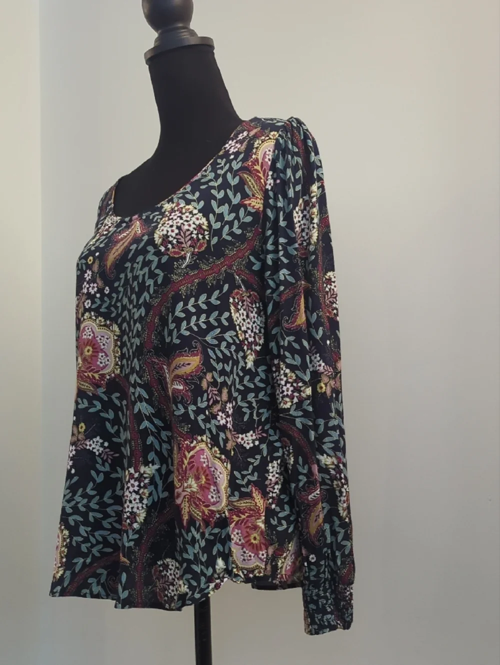 LOFT Dark Blue Paisley Floral Scoop Neck Long Sleeve Top with Pink & Teal - Picture 3 of 7